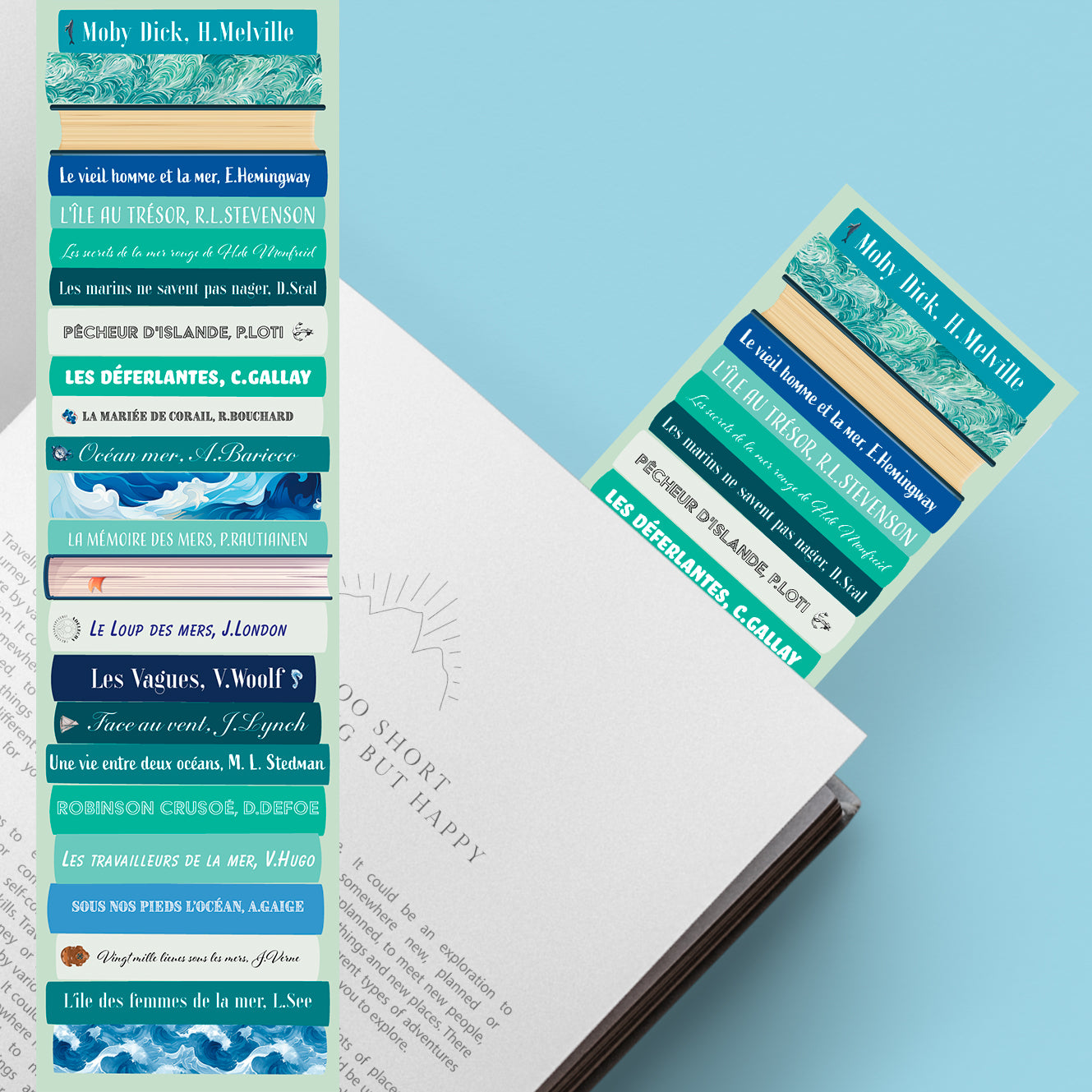 Marque-page inspiré par l’océan, ambiance marine et aventurière, idéal pour les amateurs de récits de voyage et de mystères marins.