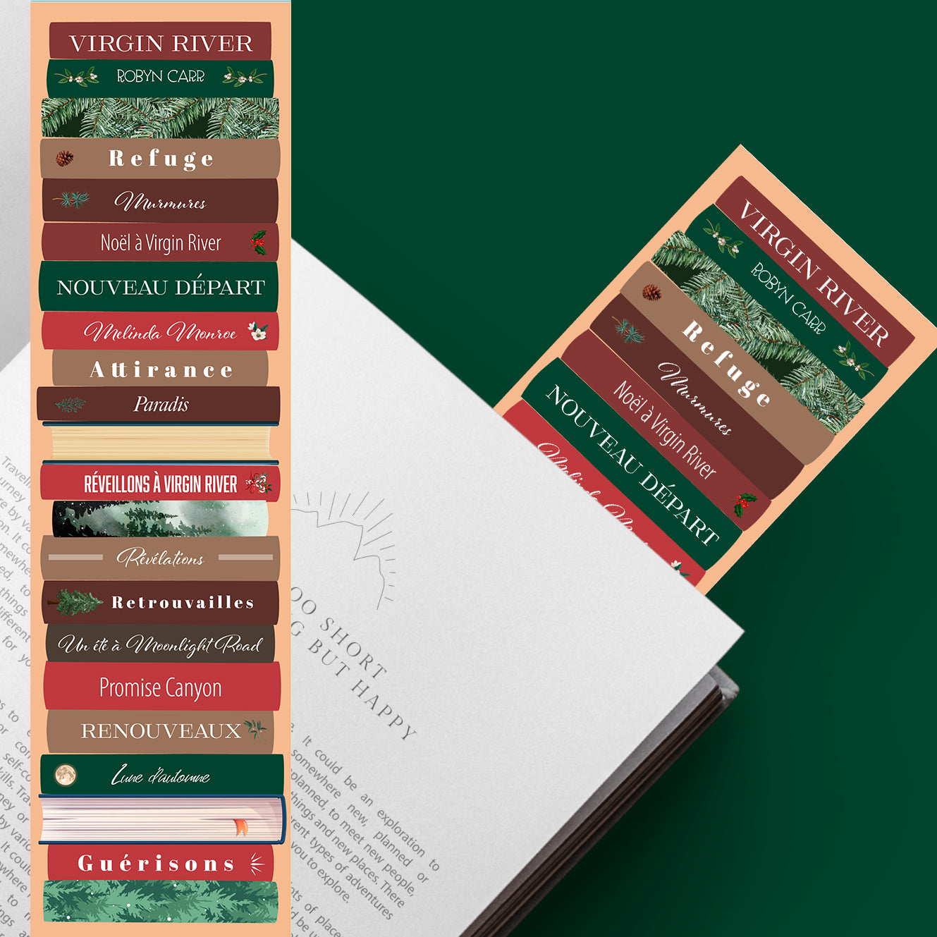 Marque-page inspiré par Virgin River, ambiance cosy et romantique, idéal pour les amateurs de romances contemporaines et de paysages naturels.