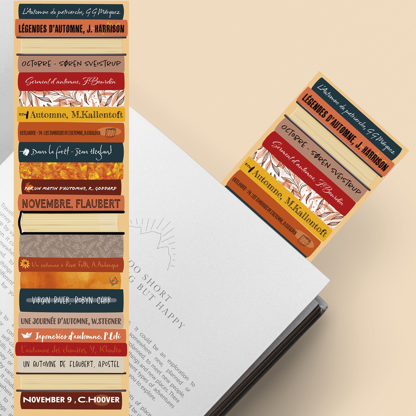 Marque-page automnal, design chaleureux et vintage, parfait pour les amateurs de lecture cosy et dâambiance feutrĂ©e