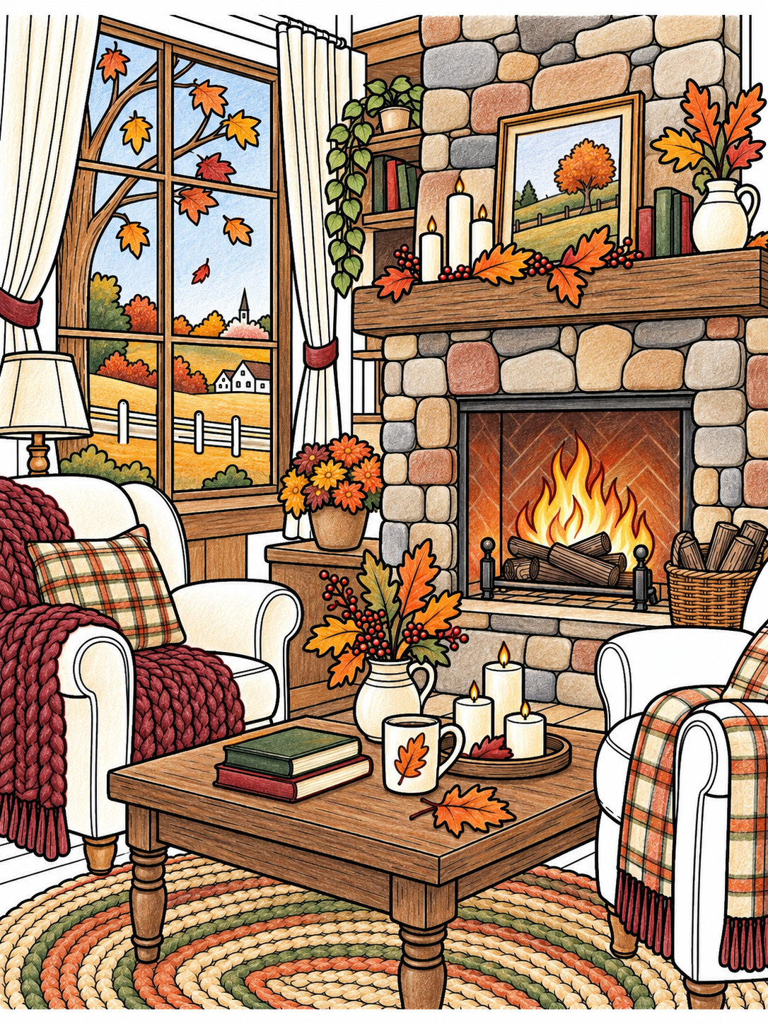 Automne au coin du feu – 30 coloriages cosy pour adultes à imprimer